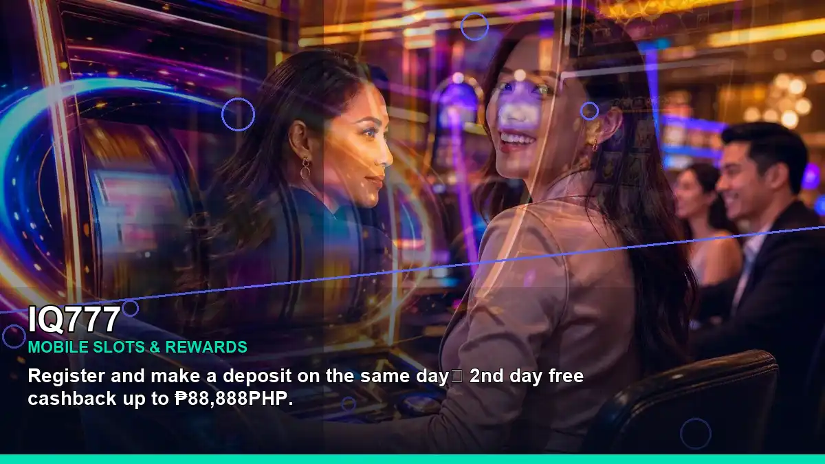 IQ777 night-time online slot games with an adult Filipina casino host in a left-angled composition