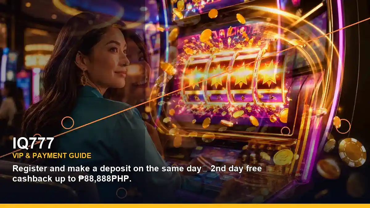 IQ777 casino cashback rewards with an adult Filipina host positioned in a left-diagonal composition