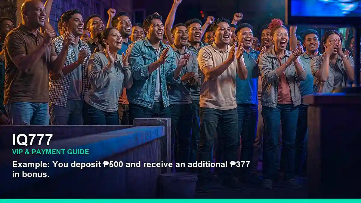 IQ777 rewards information for Philippine users, showing an adult female fan enjoying online sports betting